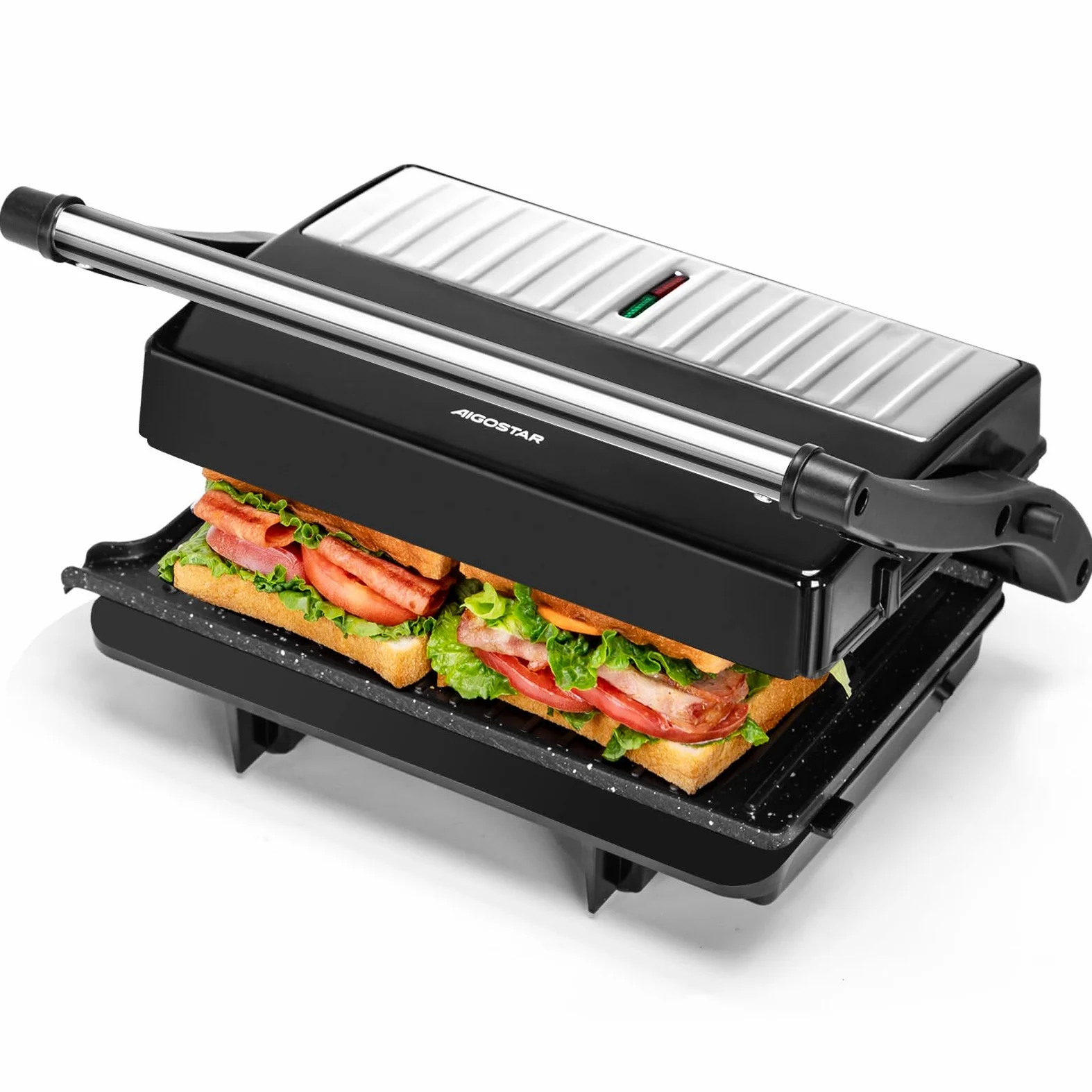 Aigostar York Pro - Tostapane Piastra 1000W, Bistecchiera Elettrica per Carne e Verdure, Apertura a 180°, Ceramica Antiaderente, Senza PFOA, 23x14,5 cm, Nero