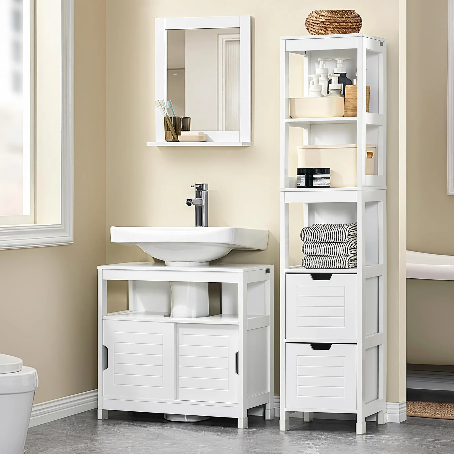 SoBuy Mobiletto Bagno Salvaspazio - Armadio Salvaspazio 2 Ante Scorrevoli e Ripiano Aperto - Mobile Sottolavabo per Bagno Moderno Piccolo – Bianco, 60x30x60cm, FRG128-II-W