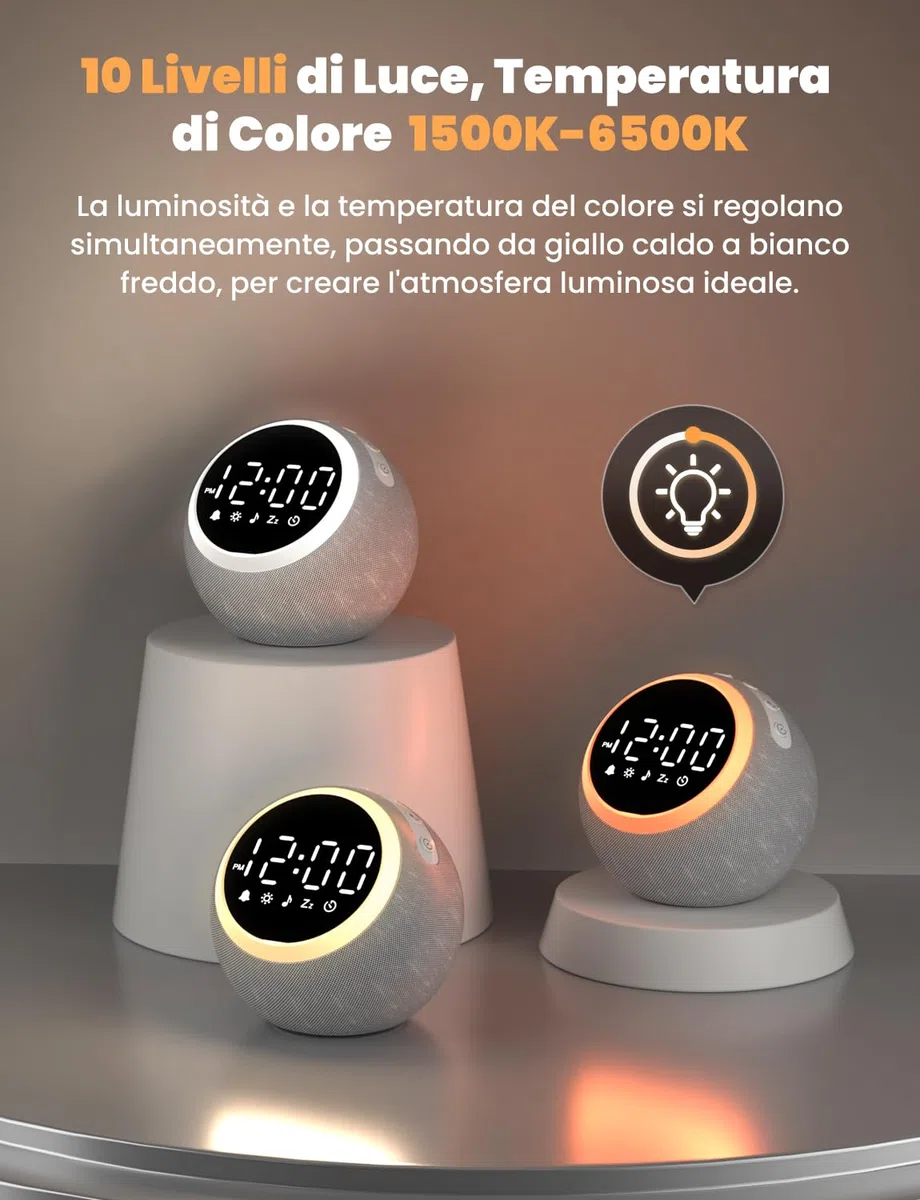 LIORQUE Sveglia con Rumore Bianco e Luce, Macchina Rumore Bianco, 25 Suoni Rilassanti, Volume Regolabile e Luce Notturna, Timer di Spegnimento, Ideale per Neonati, Bambini e Adulti