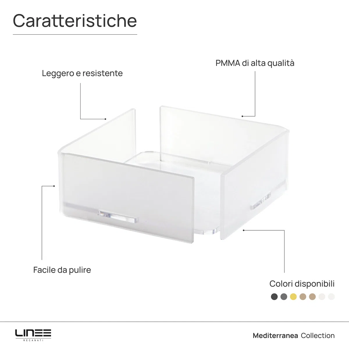 LINEE Recanati MEDITERRANEA Porta Tovaglioli Orizzontale in PMMA 20x20x8 cm – Accessorio da Tavola Moderno – Design Elegante Made in Italy (Trasparente Satinato)