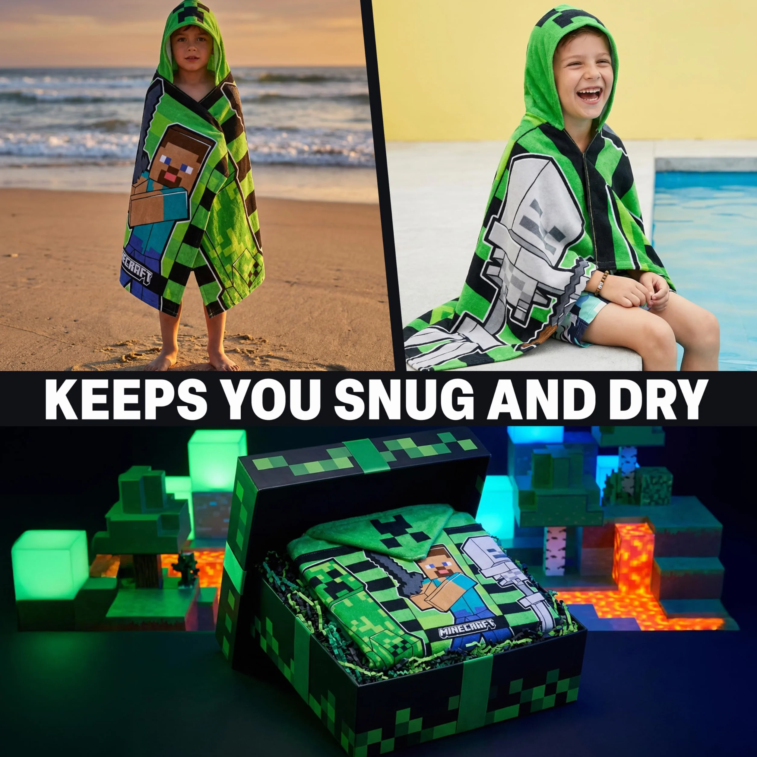 Minecraft Asciugamani Bagno con Cappuccio Asciugamano Doccia Ragazzi Creeper Accappatoio Poncho Bambino Telo Mare Bambini Idee Regalo (Verde/Nero, 6-14 Anni)