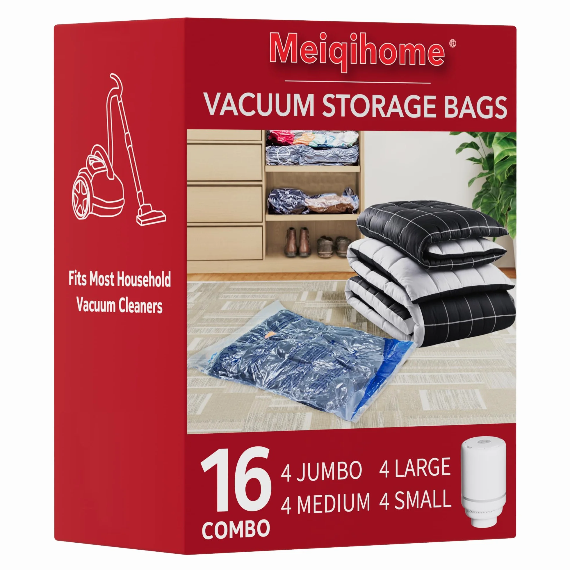 MEIQIHOME Set da 16 Sacchetti Sottovuoto con Pompa Elettrica – 4J/4L/4M/4S – Sacchetti Compressione per Vestiti, Ideali per Traslochi e Viaggio