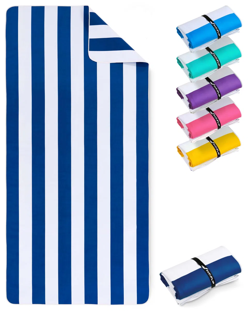 Fit-Flip Telo Mare microfibra – leggero, fine e ad asciugatura rapida – asciugamano microfibra grande – teli antisabbia da spiaggia – 100% riciclato - rigato blu marino-bianco 200cmx90cm