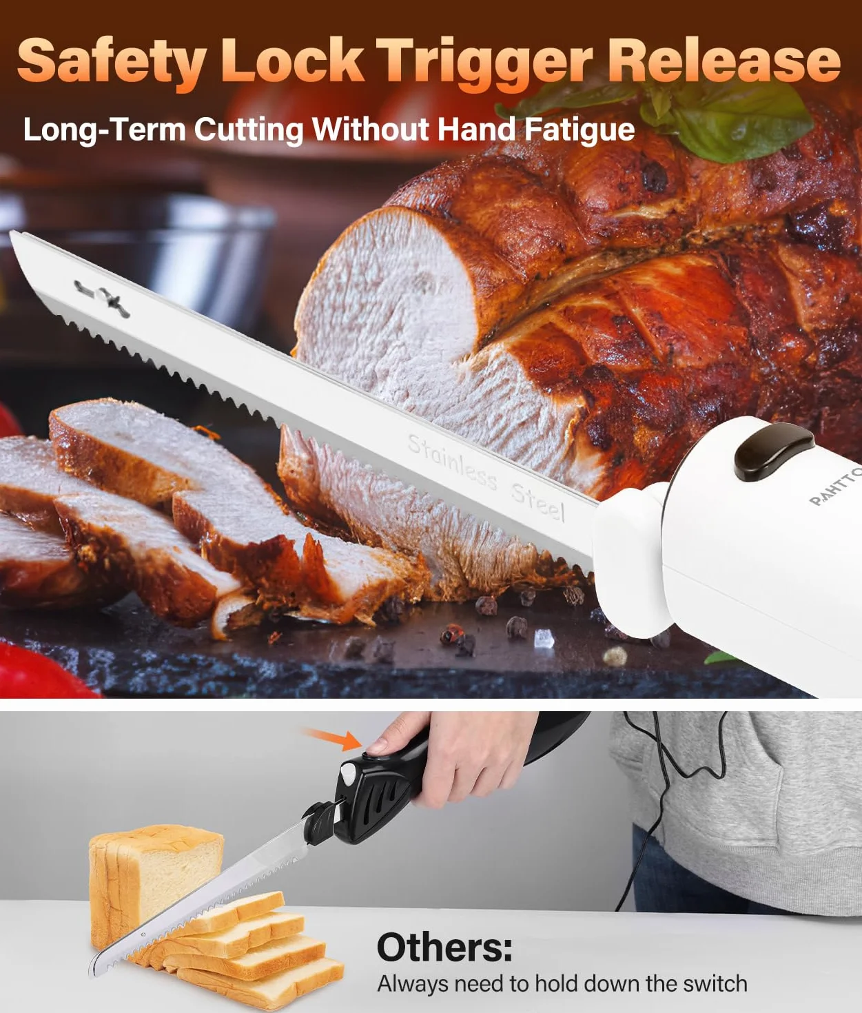 PAHTTO Coltello elettrico per affettare carne pane verdura frutta, coltello da cucina affettapane a batteria con doppie lame in acciaio inox incluso scatola, forchetta e tagliere pieghevole