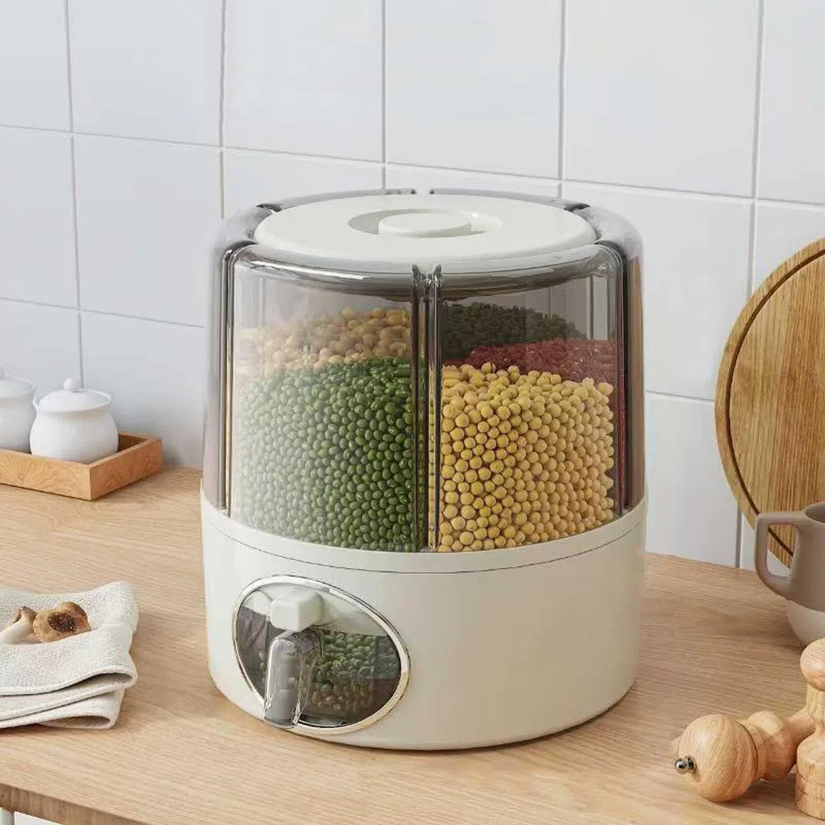Contenitori trasparenti per cereali con cassetti, 6 griglie girevoli a 360°, da cucina, per riso, con uscita con un clic, dispenser rotante per alimenti secchi per conservare legumi (grigio, 23,5 x 24
