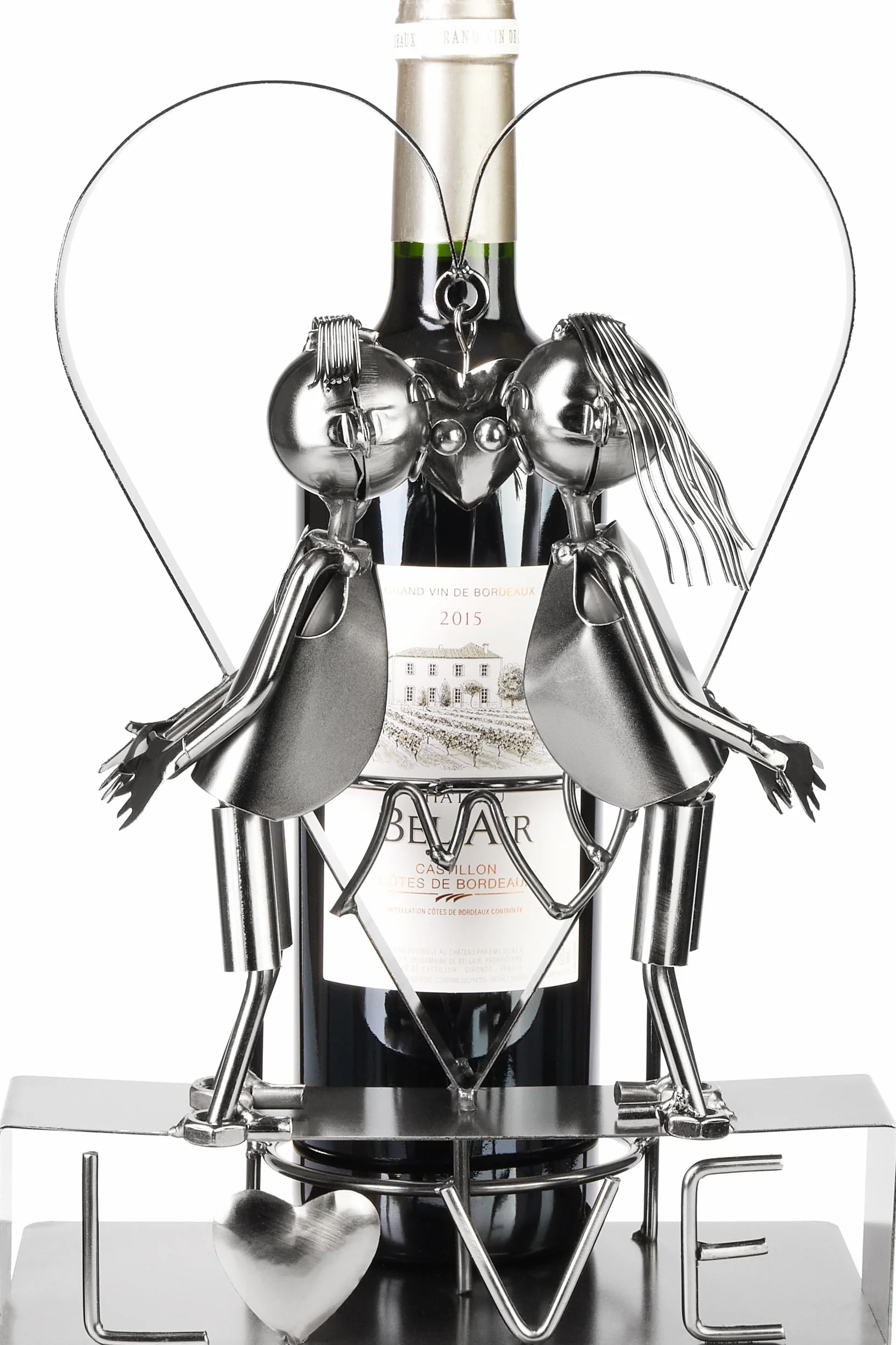 Brubaker Portabottiglie da Vino LOVE Coppia di Innamorati in un Grande Cuore di Metallo - 29 cm Regalo per Coppie al Matrimonio o al Compleanno - Portabottiglie da Vino con Biglietto di Auguri