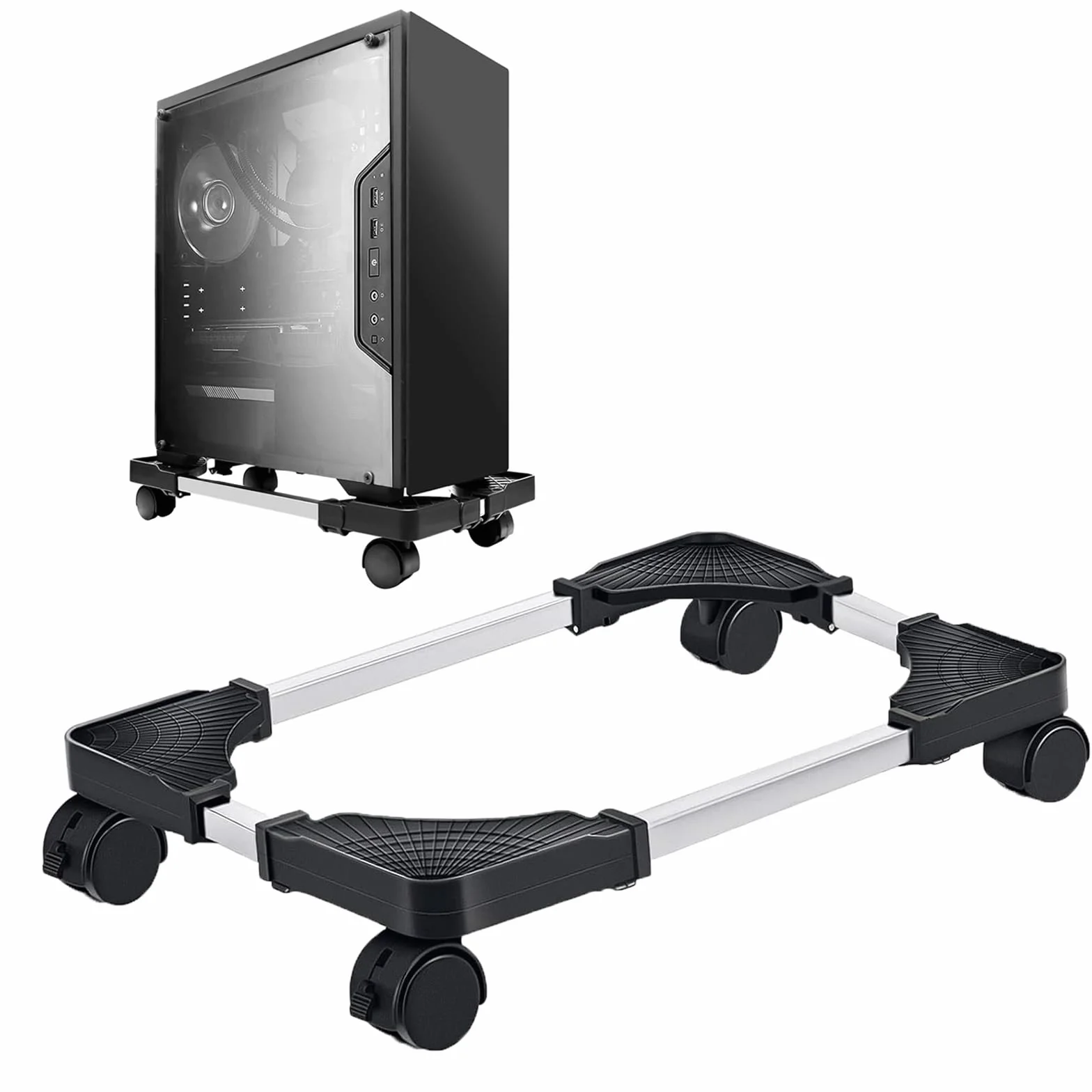 supporto per PC Tower e desktop, con 4 ruote bloccabili, regolabile per CPU, supporto universale per casa, ufficio e desk gaming, colore nero