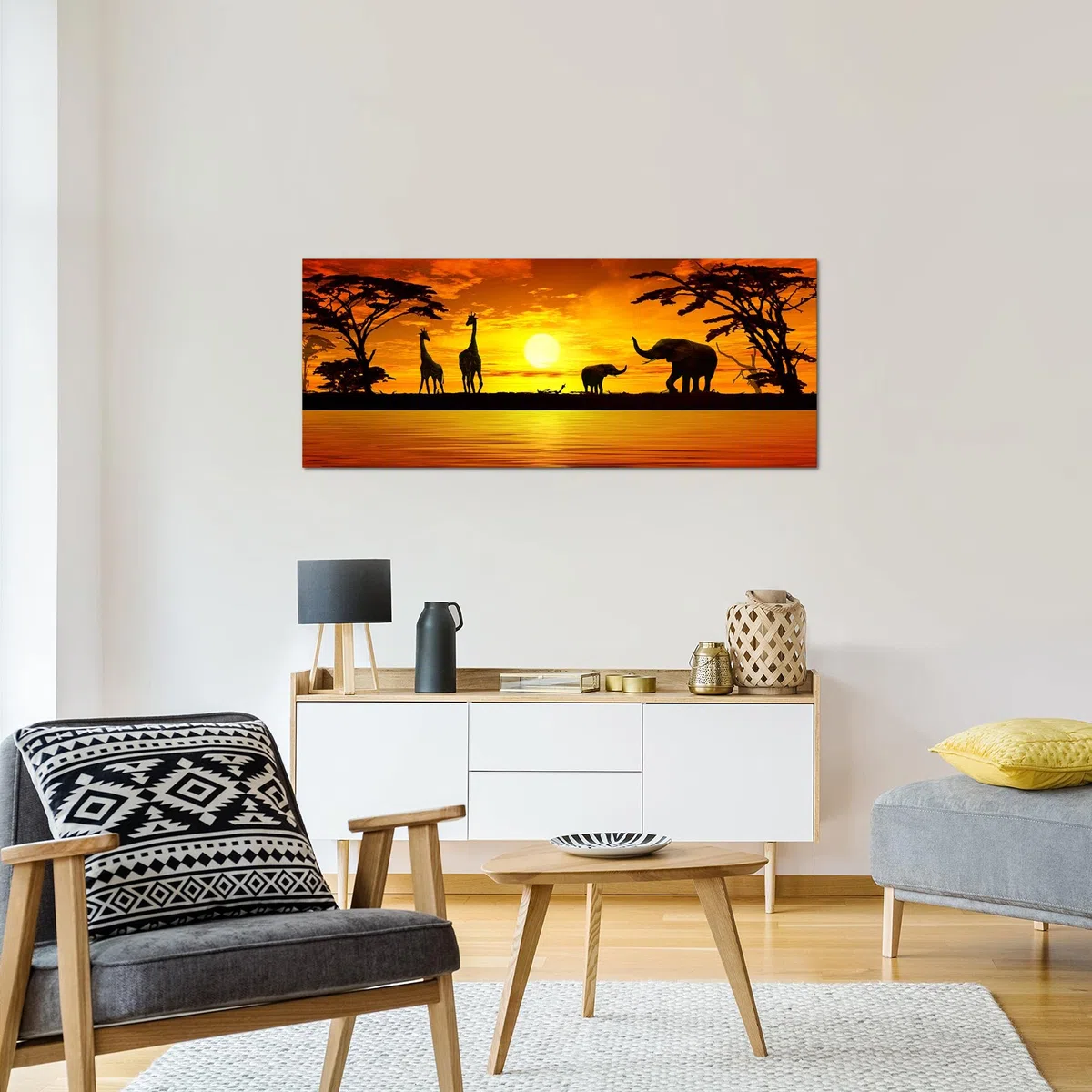 Runa Art Quadri Moderni Africa Tramonto 1 Pezzo L'immagine Tela Non Tessuta Soggiorno Corridoio Giraffa Elefante Arancia 000212a