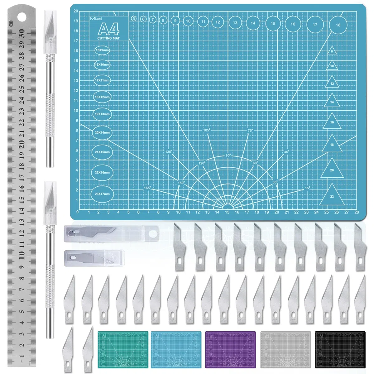 Miuzei Set di tappetini da taglio, formato A4, con righello in acciaio e 30 coltelli da artigianato, autorigenerante, tappetino da disegno (blu)
