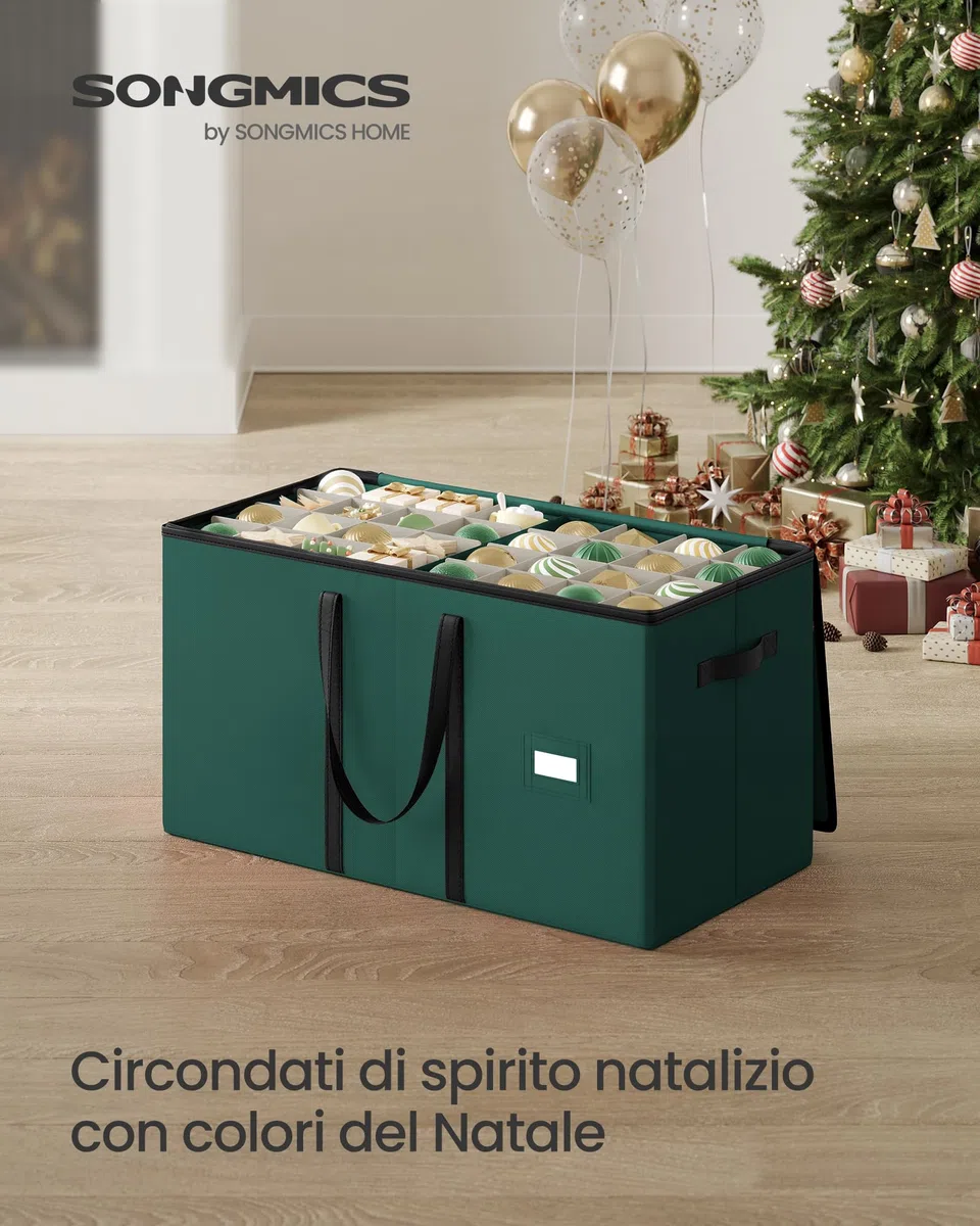 SONGMICS Contenitore per Palline di Natale, 128 Scomparti da 7,6 cm, Scatola Impilabile Decorazioni Natalizie con Coperchio, Doppia Cerniera Lampo, Divisori Regolabili, Verde Foresta RFB039C01