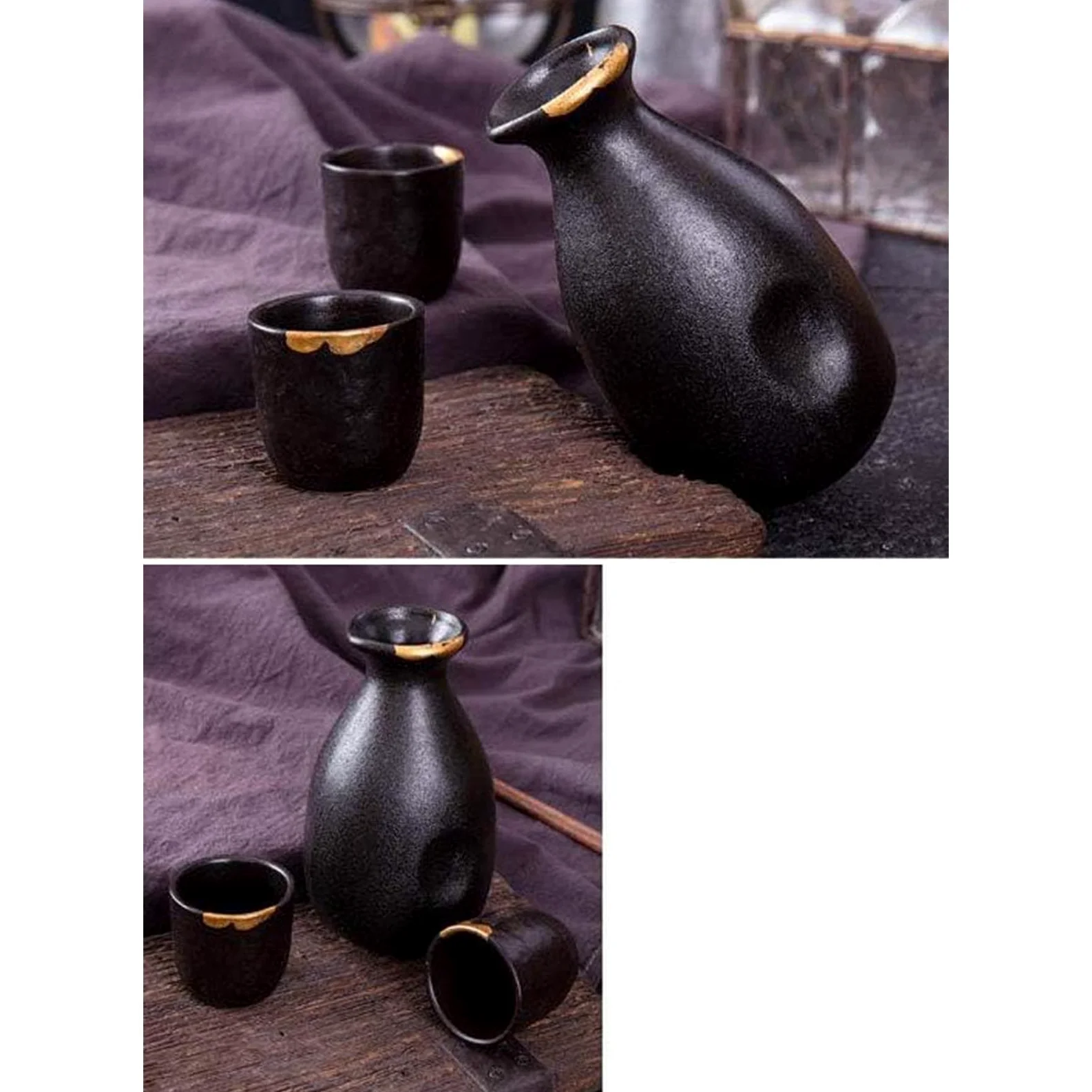 Set di 5 tazze da sakè giapponesi, dipinte a mano, in ceramica, per degustazione di vini casalinghi, colore nero