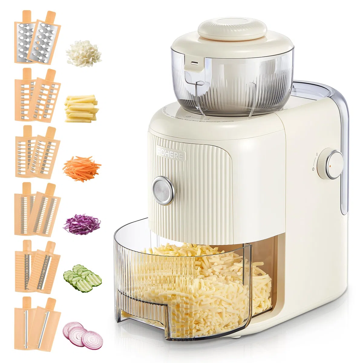 FOHERE Grattugia Elettrica Multifunzionale, 6 Lame, 50W, Contenitore 1,8L, Tritatutto per Verdure, Formaggio, Cipolle, Carote, Cetrioli, Bianco