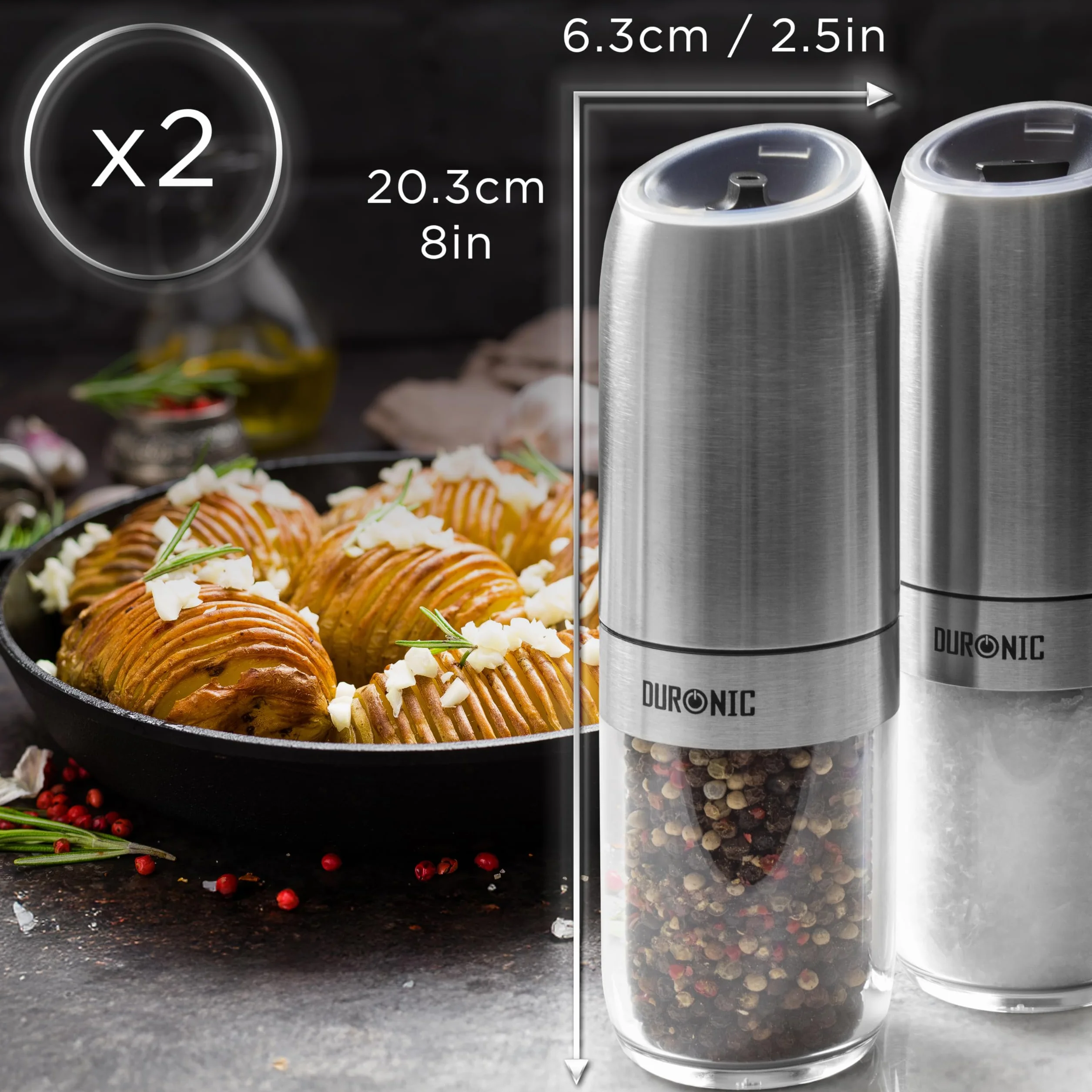 Duronic EMB2 Set 2 Macinasale pepe Elettrico, Macina Spezie automatico 150 ml, Gravità Senza Pulsanti, Regolabile Fine Grossa, Luce LED Macinino Sale Pepe, Portatile Alimentazione Batterie