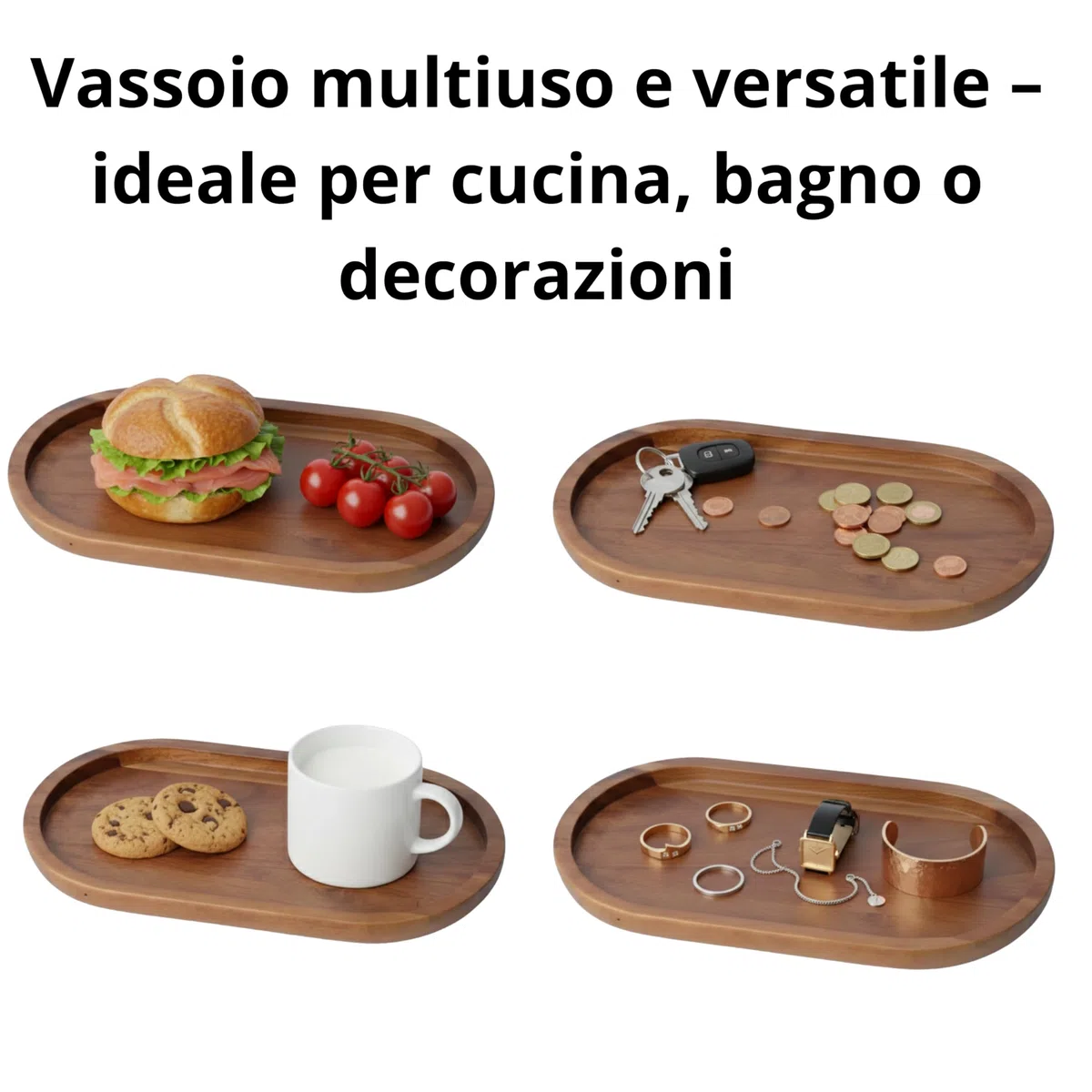 Vassoio Decorativo in Legno di Acacia CURVE - Vassoio Organizzatore Ovale per Cucina e Bagno. Ideale per Sale e Zucchero o Dispenser Sapone. 26 x 14 cm.