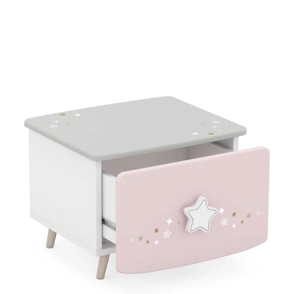 Befara Comodino per Bambini Rosa Grigio Cosmos, Bianco Opaco/Grigio/Rosa, Comodino per Bambini Rosa Grigio