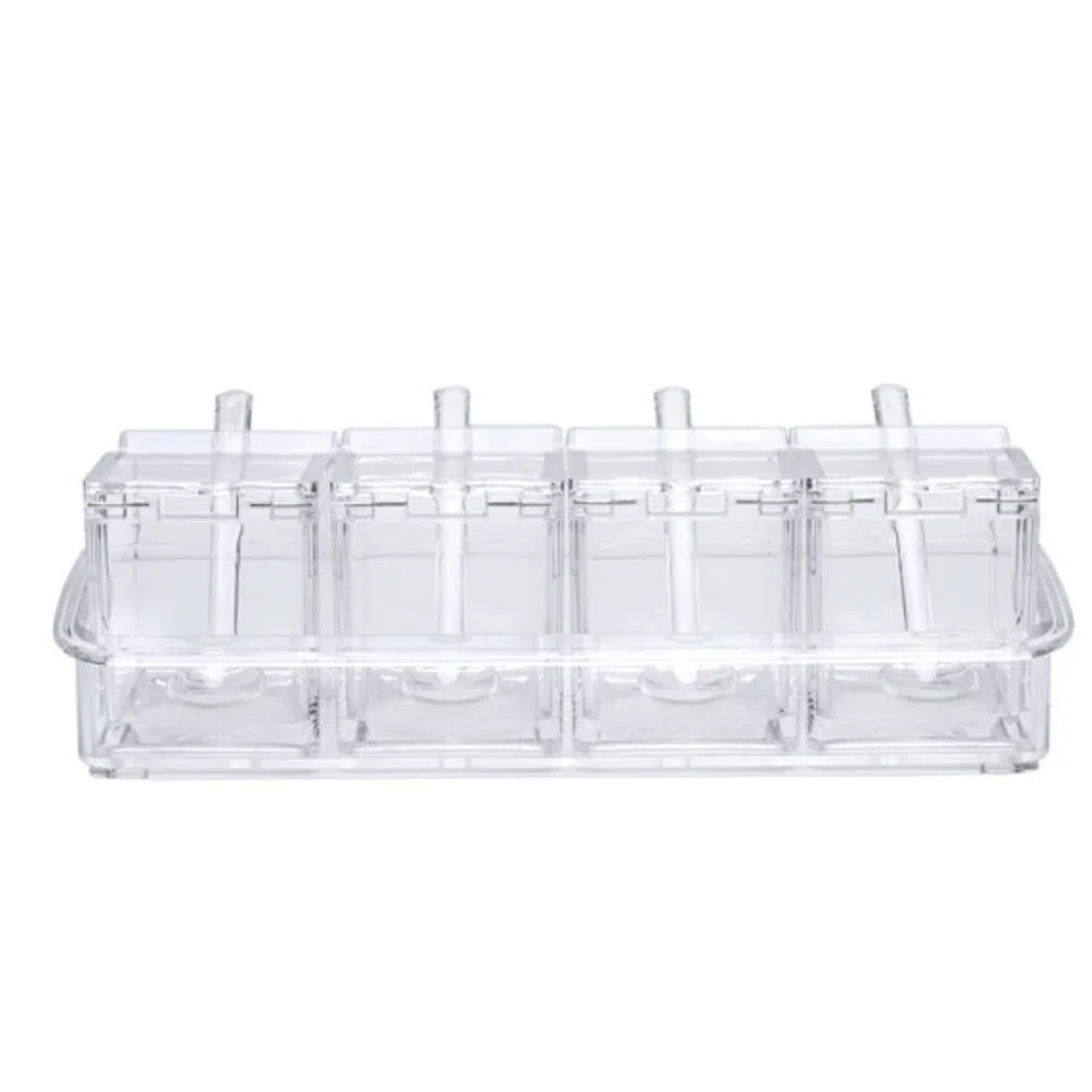 LOYUYU Scatola di Condimento, Condimento Rack Spice Pots, Contenitore di Stoccaggio Condimento Vasi, 4 Pezzi Trasparente Acrilico Cruet Con Coperchio e Cucchiaio Trasparente