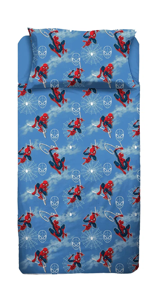 Set Lenzuola Letto Singolo Spiderman, Completo Letto, Lenzuolo Sopra, Lenzuolo Con Angoli, Federa, Blu, 100% Cotone, Prodotto Ufficiale