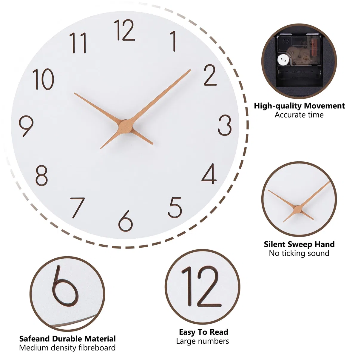Orologio da parete in legno MDF senza ticchettio, silenzioso, moderno, 30 cm, al quarzo, grande batteria, facile da leggere, per camere, casa, cucina, camera da letto, ufficio, scuola