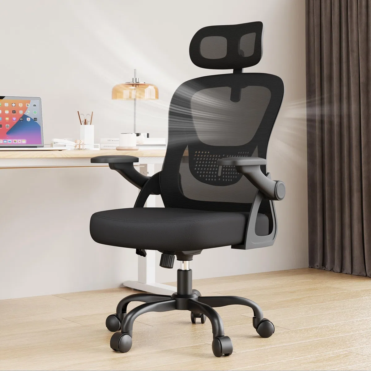 rattantree Sedia da Ufficio, Poltrona Ufficio Ergonomica, Con Braccioli Regolabili e Poggiatesta, Sedia Scrivania Girevole e Regolabile in Altezza, Seduta Ergonomica Traspirante, Per Lavoro, Nera