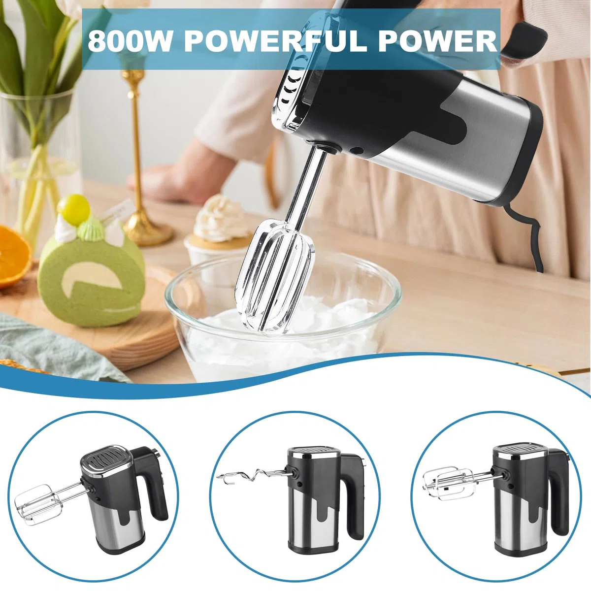 Frullatore a mano, 800 W, miscelatore elettrico a mano, mixer con 4 accessori in acciaio inox, 5 livelli di regolazione, impastatore manuale in acciaio inox, mixer manuale, mixer da cucina,
