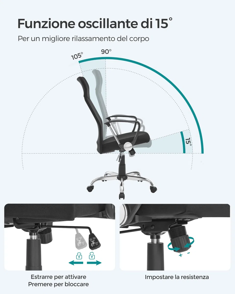 SONGMICS Sedia da Ufficio, Sedia da Scrivania Ergonomica, Girevole, Seduta Imbottito, Regolabile in Altezza e Inclinabile, Portata di 120 kg, Nero OBN034B01