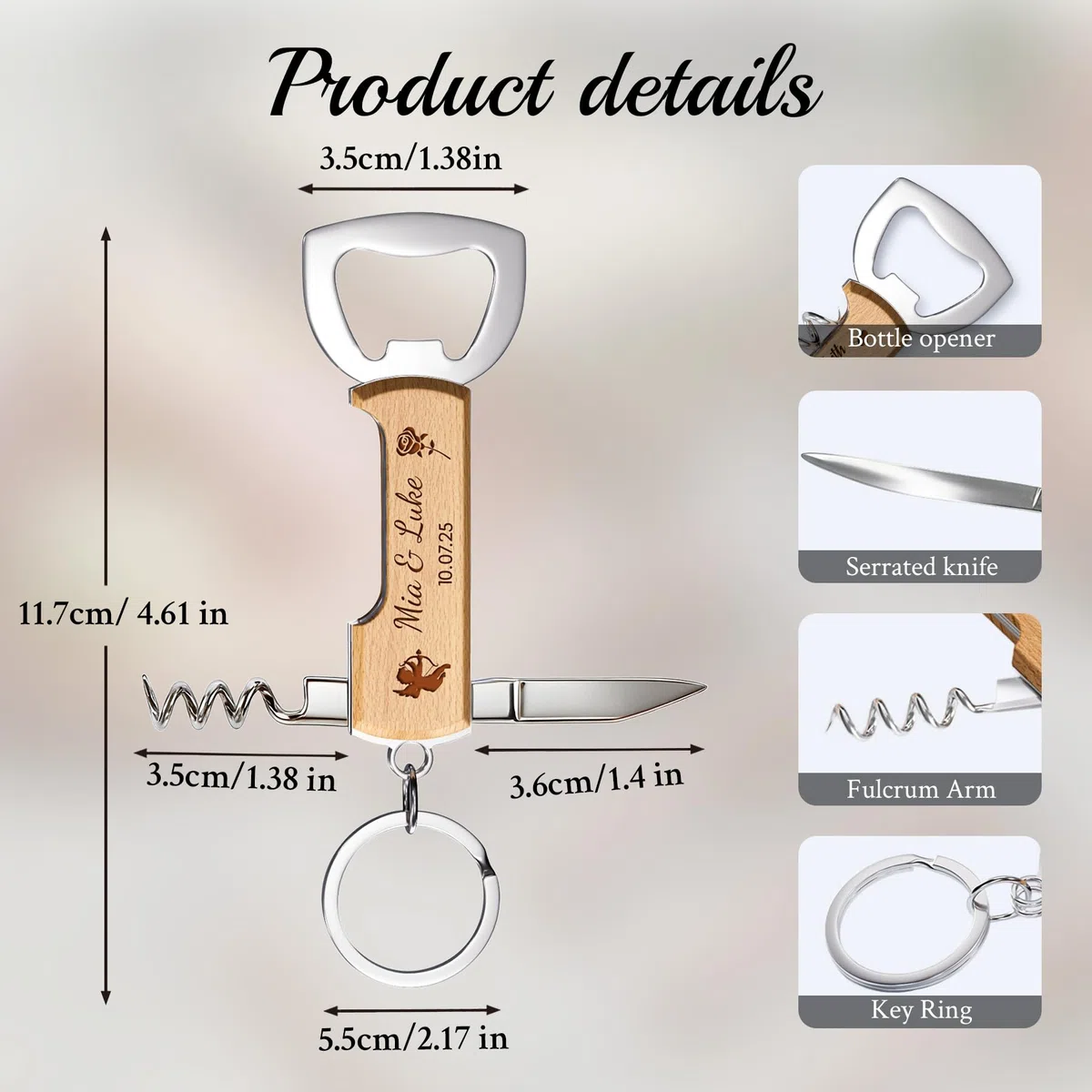 12 Pezzi Portachiavi Apribottiglie Personalizzato, Cavatappi Personalizzato in Legno, Bomboniere Matrimonio, Incisione su Entrambi i Lati con Nomi e Lloghi