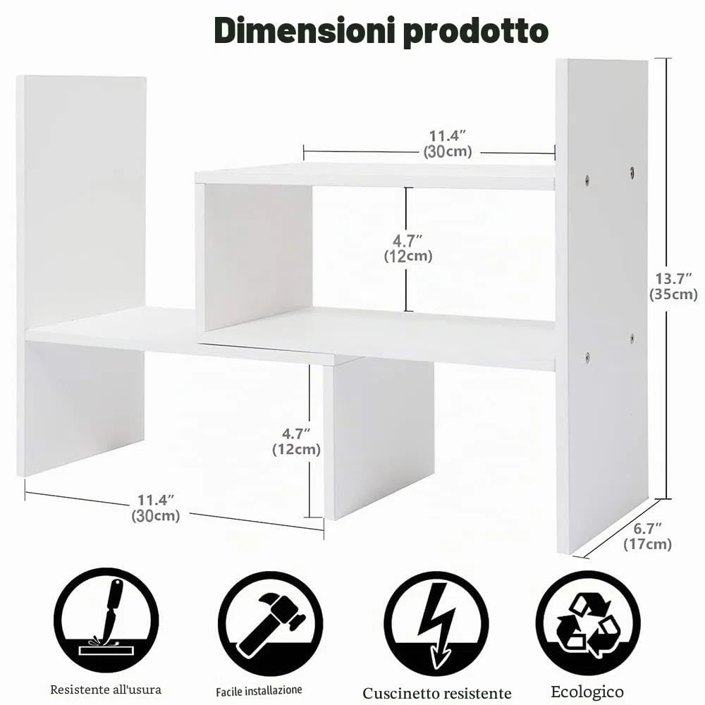 Mensola da scrivania in legno, piccola libreria, bianca, organizer da scrivania, regolabile, per ufficio, cucina (bianco)