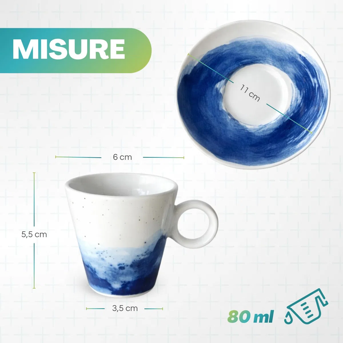 PALUPLUS Set 12 Tazzine Caffè con Piattino in Porcellana da 80 ml, Tazze da Espresso con manico, Lavabili in Lavastoviglie, adatte per Microonde, FANTASIA OCEAN -268