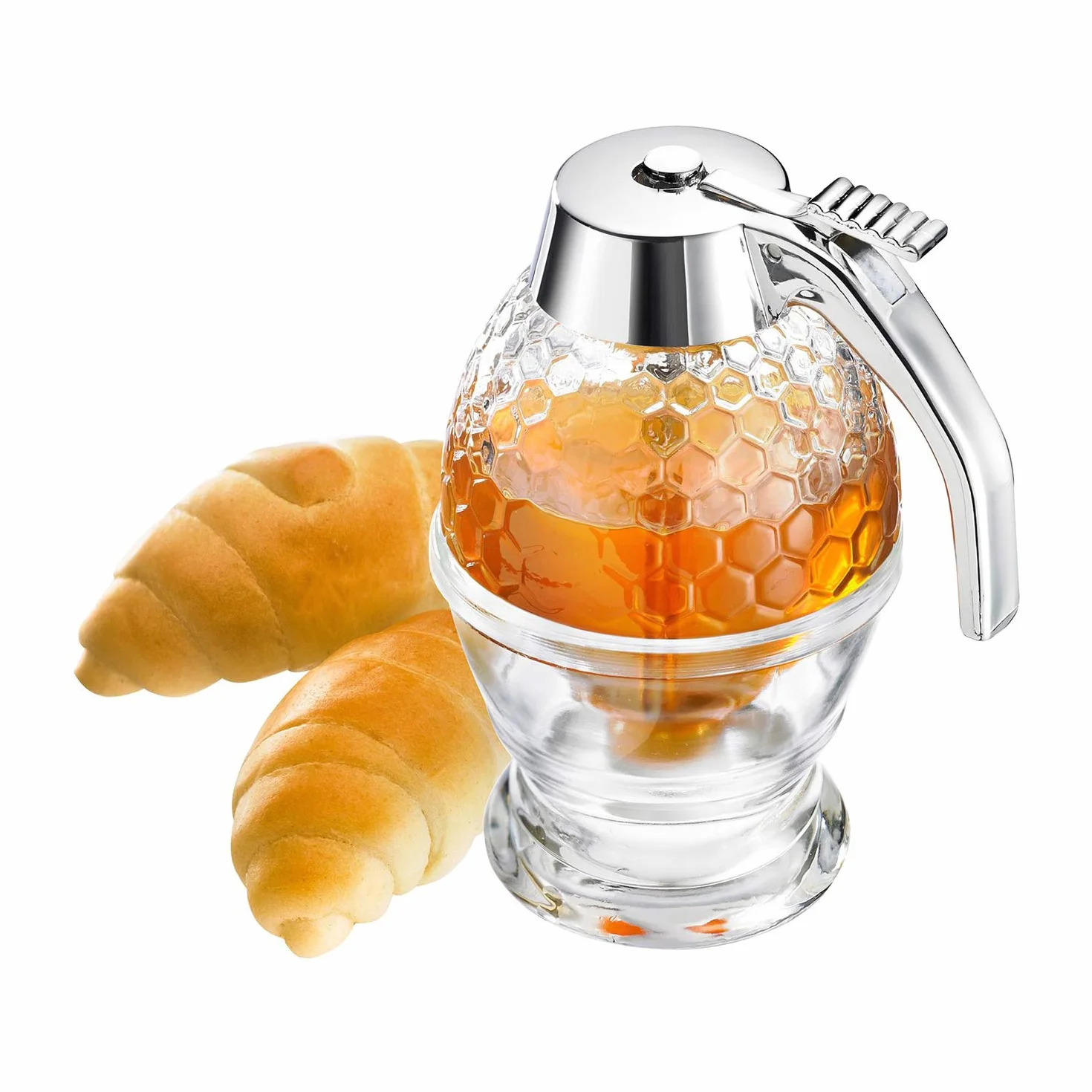 Westmark Contenitore per miele/Dispenser con supporto, Capacità: 200 ml, Vetro/Plastica, Deluxe, Trasparente/Argento, 65132260