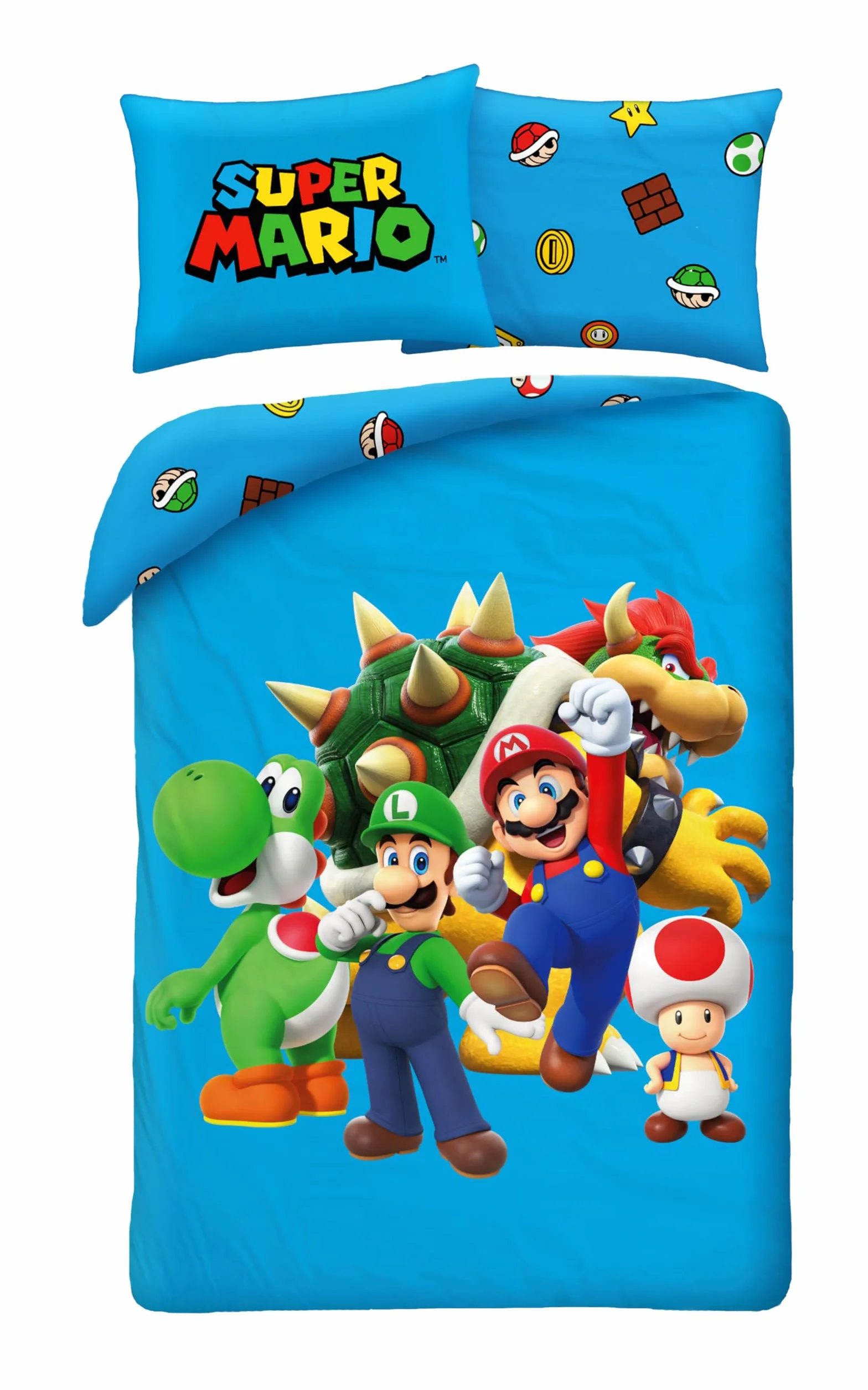 Super Mario con Luigi Toad Bowser e Yoshi - Set di biancheria da letto Copripiumino 140 x 200 cm + Federa 70x90cm - Reversibile - 100% Poliestere - Blu