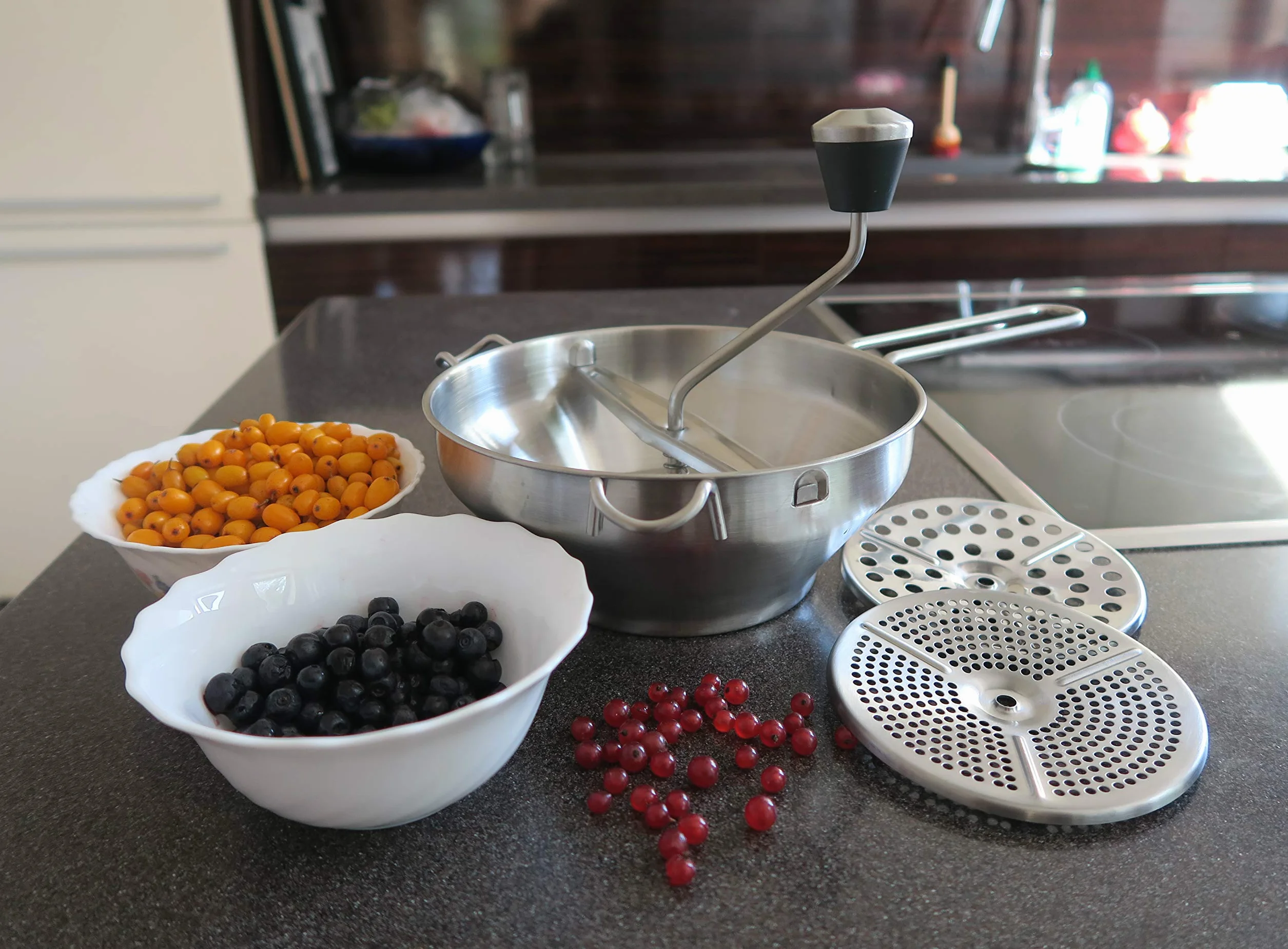 Wenburg Facile da usare Passaverdure Manuale Acciaio Inox - Versatile Passatutto Acciaio Inox con 3 Setaccio - Lavabile in Lavastoviglie - Passaverdura per Filtrare Frutta e Verdura (19,5 cm)