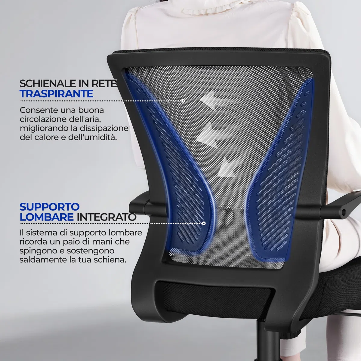 Yaheetech Sedia da Ufficio Scrivania Ergonomica Lombare in Rete Traspirante Reclinabile Altezza Regolabile Girevole con Braccioli e Ruote Portata 136 kg Nera