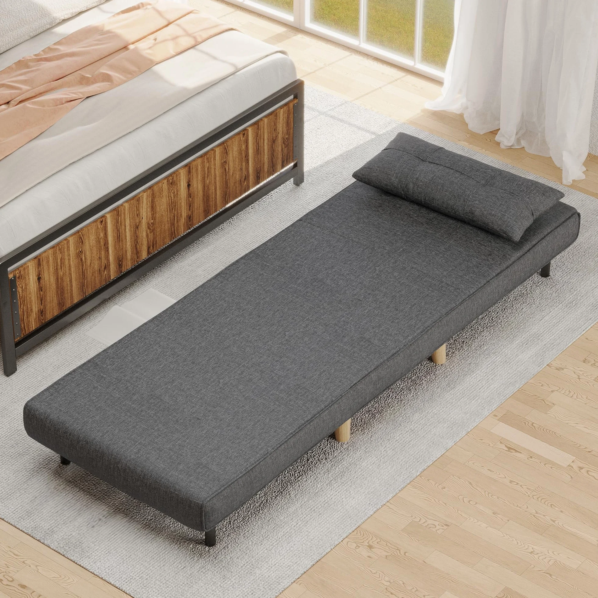 Bealife Poltrona Letto Singolo 3 in 1, Schienale Reclinabile 5 Livelli, Cuscino e Materasso Imbottiti, Divano Letto Pieghevole per Soggiorno、Camera, Lino con Gambe Legno, 75x70x75cm, Grigio
