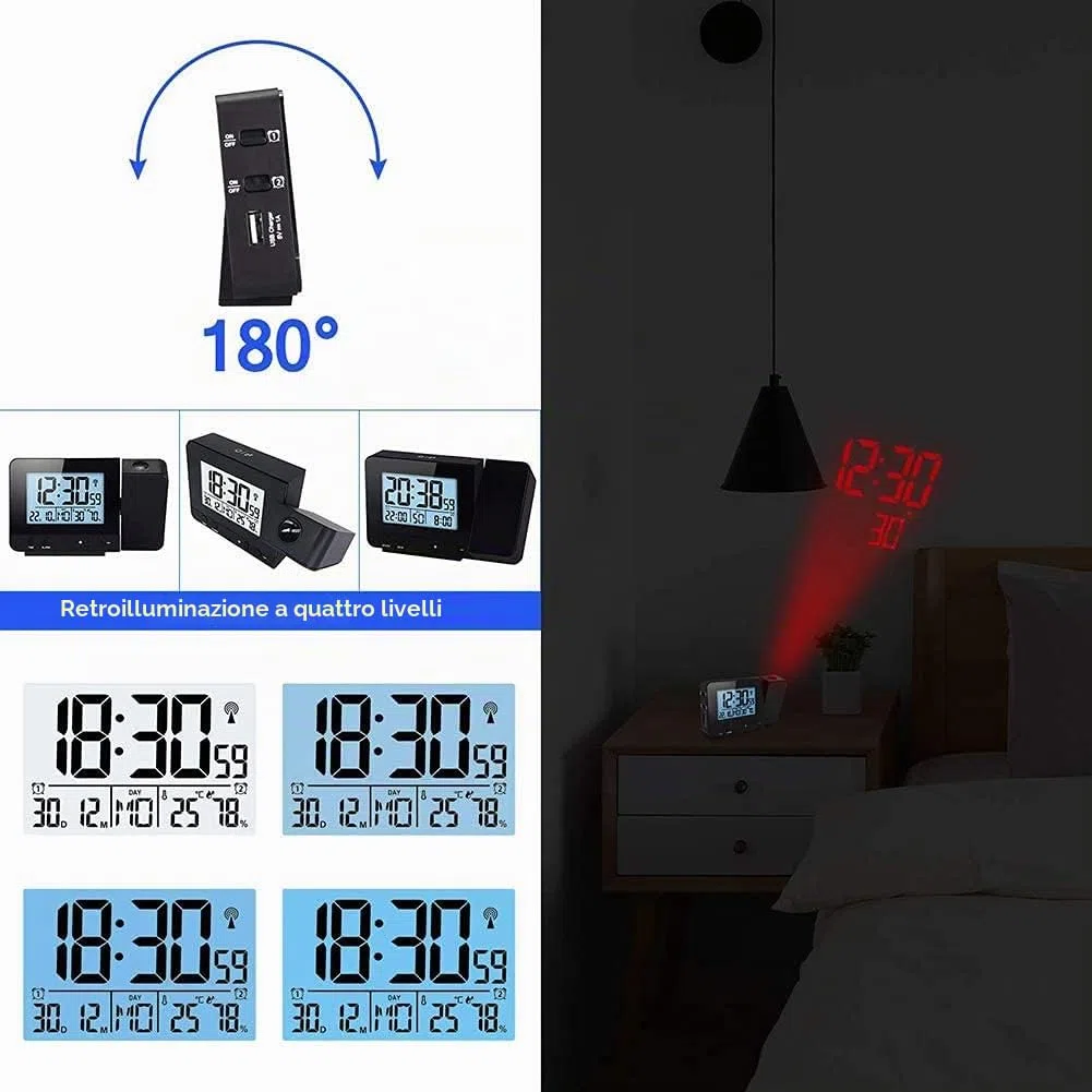 Queta Sveglia Digitale con Proiettore, Schermo a LED, Sveglia Mattutina con Schermo della Temperatura Oraria, Calendario, Suoni di Allarme, Timer Porta USB