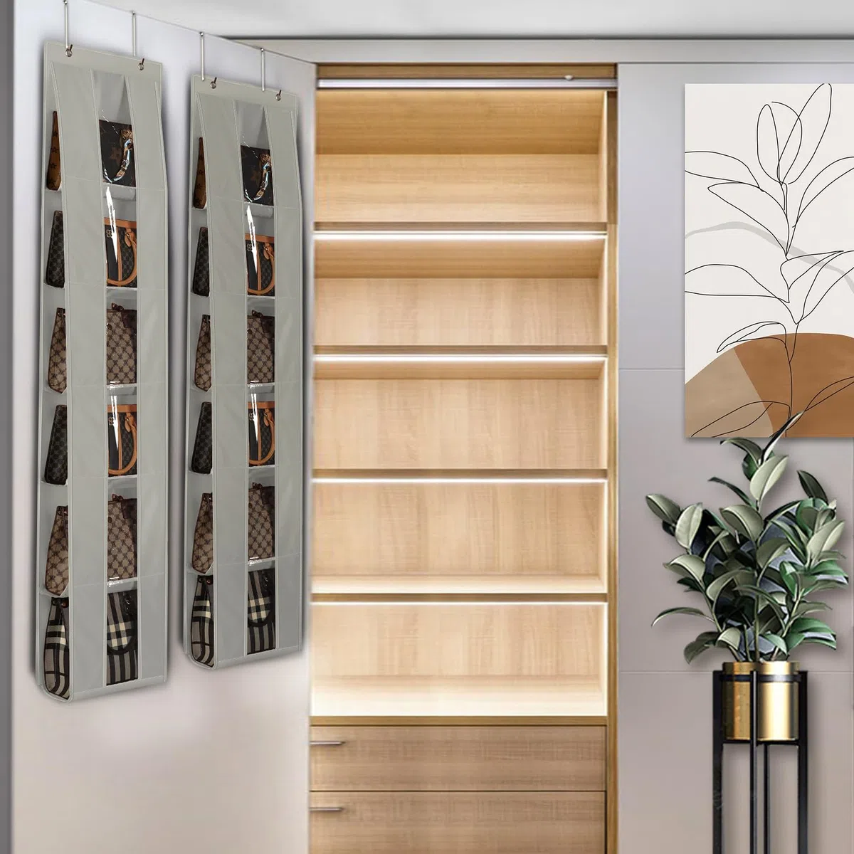 Lirex Organizer per Borse da Porta, Confezione da 2 con 6 Ripiani, Salvaspazio per Porta o Armadio, Per Stoccaggio e Organizzazione Borse, Appendiaborsa, Grigio