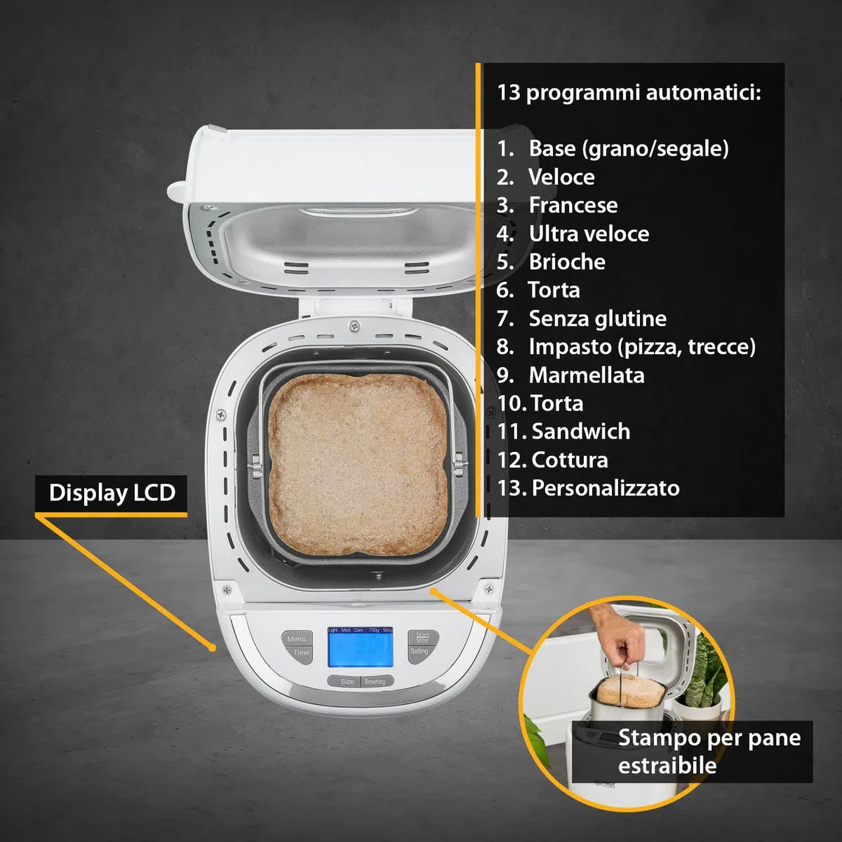 TZS First Austria Macchina per il pane con 13 programmi | 700-900 g di impasto | Timer, funzione di mantenimento in caldo | 550 W di potenza | Accessori inclusi