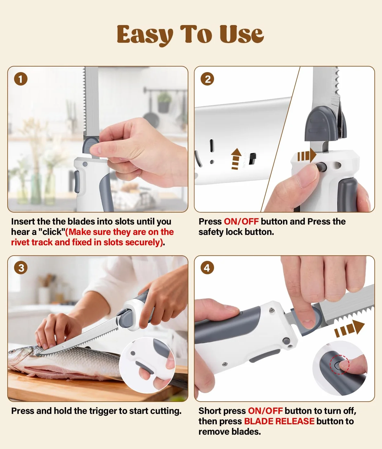 PAHTTO Coltello Elettrico Senza Fili con 2 Lame in Acciaio Inossidabile e Forchetta, 8V con Blocco di Sicurezza, per Carne, Pesce, Pane, Formaggio