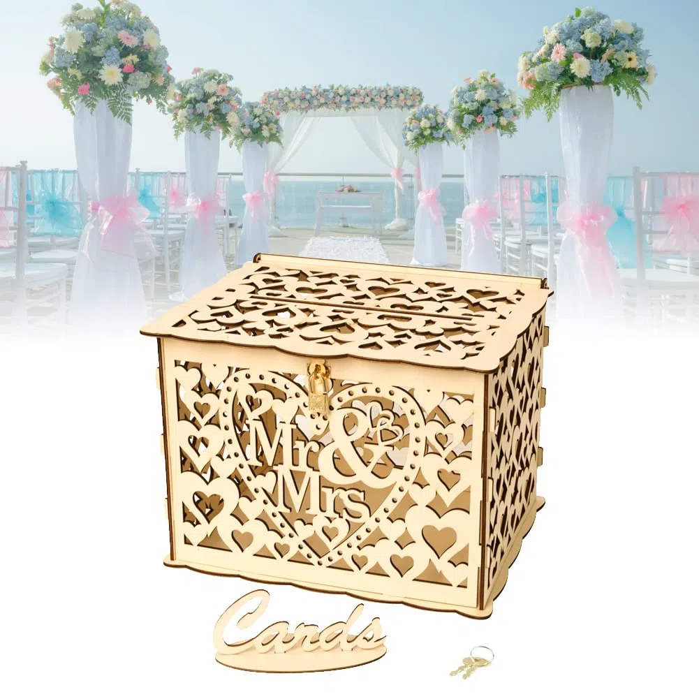 Scatola di Legno per Cartoline di Nozze Vintage con Coperchio Grande - Contenitore Regalo Mr & Mrs per Ricevimento Matrimonio e Anniversario