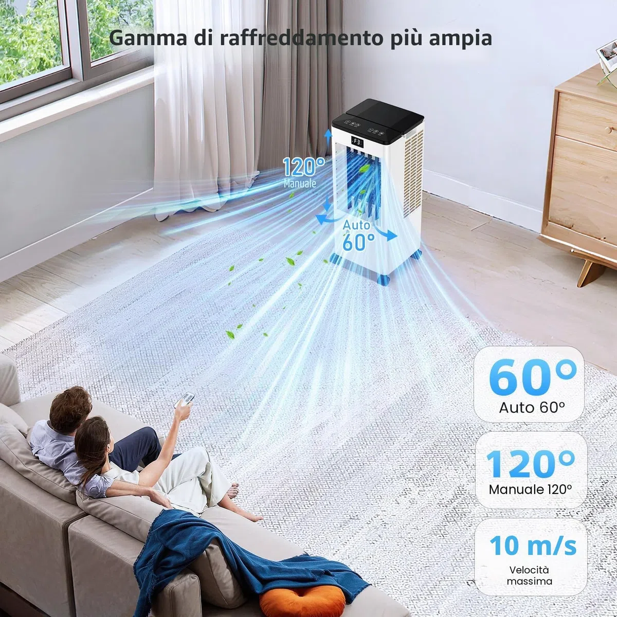 Condizionatore Portatile Senza Tubo, Raffreddatore d’Aria 4 in 1, 4 Modalità 3 Velocità, Climatizzatore Evaporativo 60 W, Timer 1-12 H, con Telecomando, 4 Ruote per Casa e Ufficio