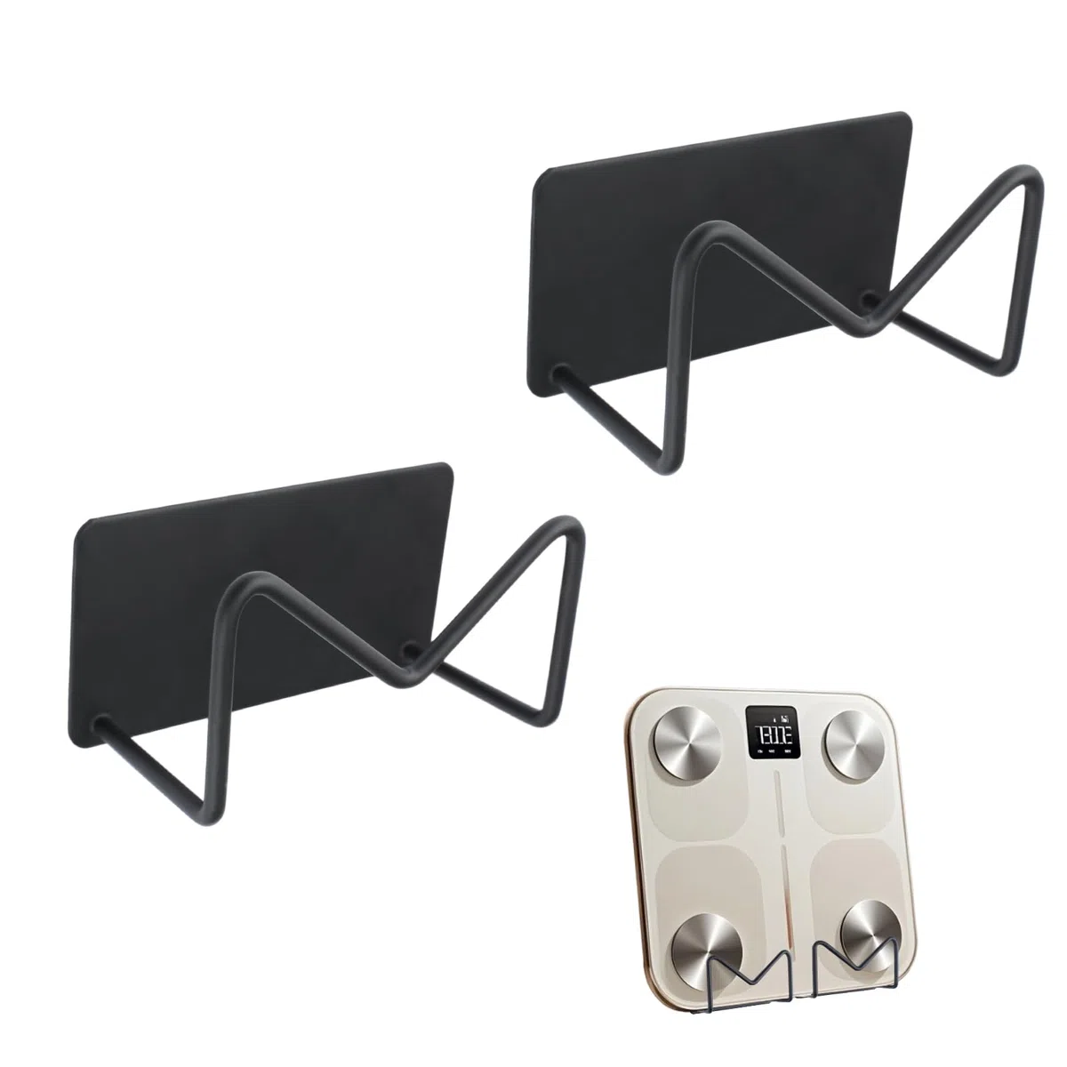 MOROBOR Supporto per bilancia da parete, 2 pezzi, autoadesivo, supporto regolabile da parete, adatto per casa, palestra, bagno, camera da letto, cucina, dormitorio, camper, dispensa/nero