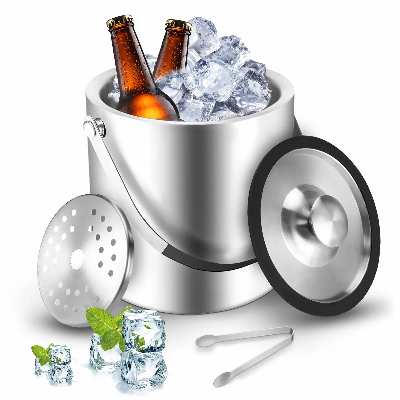Sprifityy 3,2L Secchiello per Ghiaccio a Doppia Parete in Acciaio Inox,con Coperchio in Silicone, pinze e Filtro,Secchiello Ghiaccio Acciaio Inox,Ideale per Famiglie e Bar