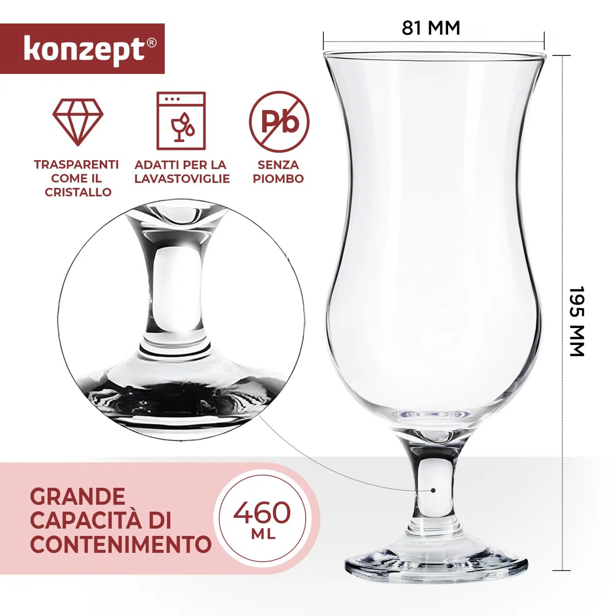 Konzept 11 - Set di 6 bicchieri da cocktail da 460 ml – bicchieri trasparenti da caffè ghiacciato, frappè e bicchieri da long drink – ideali per birra, gelato e coctails
