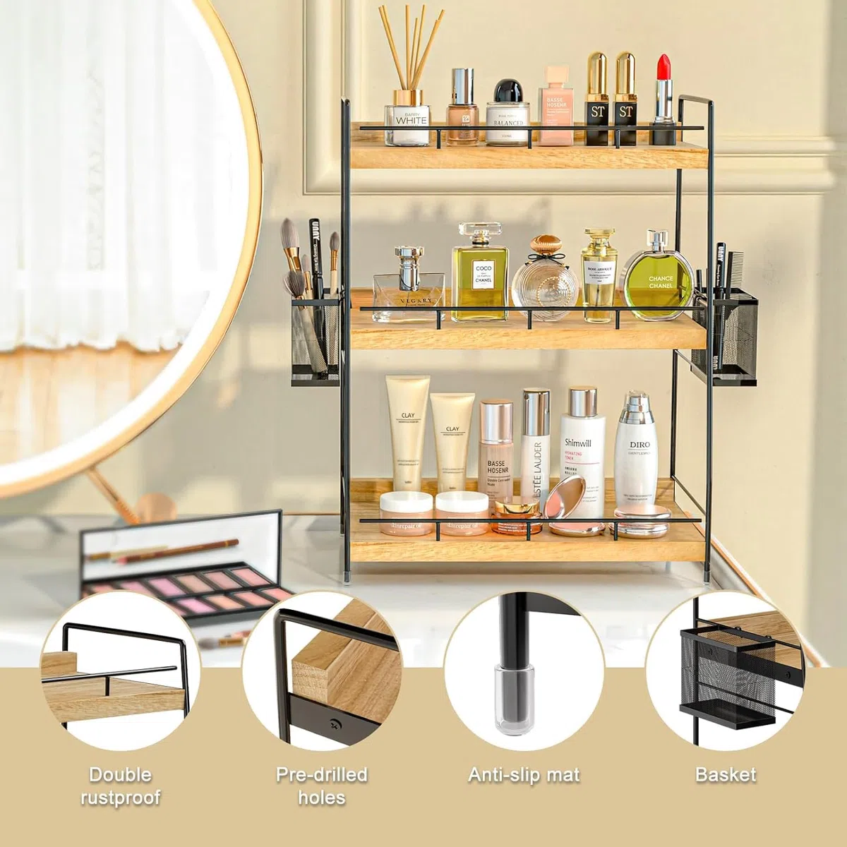 Organizzatore da Banco per il Bagno con 2 Cestini, Contenitori per Cosmetici a 3 Livelli, Piccolo Scaffale in Legno per Spezie, Organizer per Bagno, Scrivania, Ufficio, Cucina, Casa
