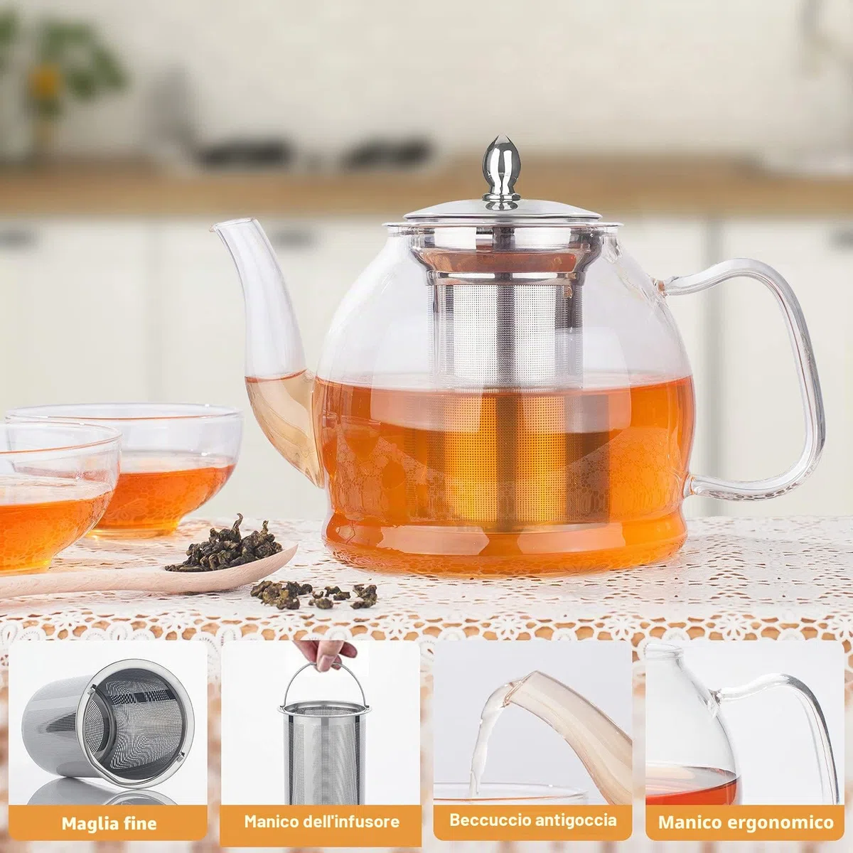 1200ML Teiera di vetro, Teiera con infusore, Teiera di vetro borosilicato per piano cottura, Teiera di tè in fiore, Teiera di tè in fiore, Teiera in vetro borosilicato