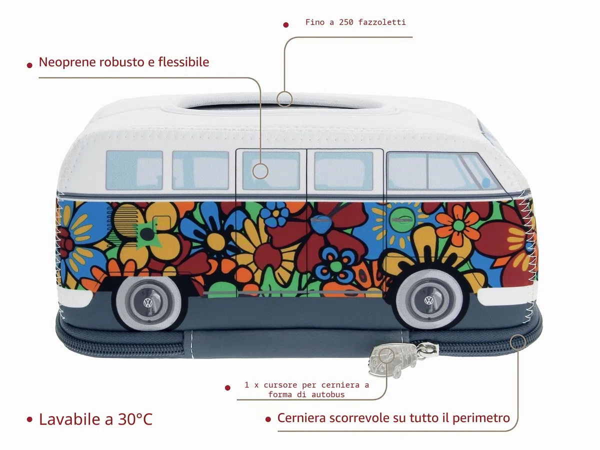 BRISA VW Collection - Volkswagen Porta fazzoletti in Neoprene, dispenser di fazzoletti per comodino, salotto, Campervan T1 Bus design (Flower Power/Multicolore)