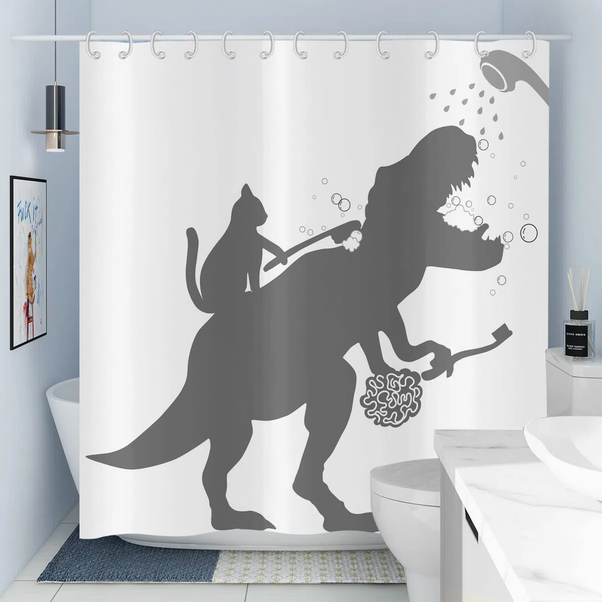 Tenda da doccia divertente 180 x 180 cm, semplicità divertente gatto dinosauro bianco lavabile tende da bagno in tessuto di poliestere impermeabile per vasca da bagno con 12 ganci