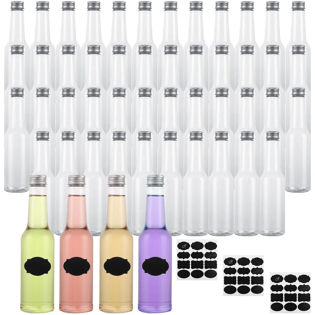 APACALI 24 mini bottiglie di liquore, 350 ml, piccole bottiglie da riempire con tappi a vite e 3 adesivi, bottiglie di liquore in plastica per riempire liquidi per matrimoni, feste