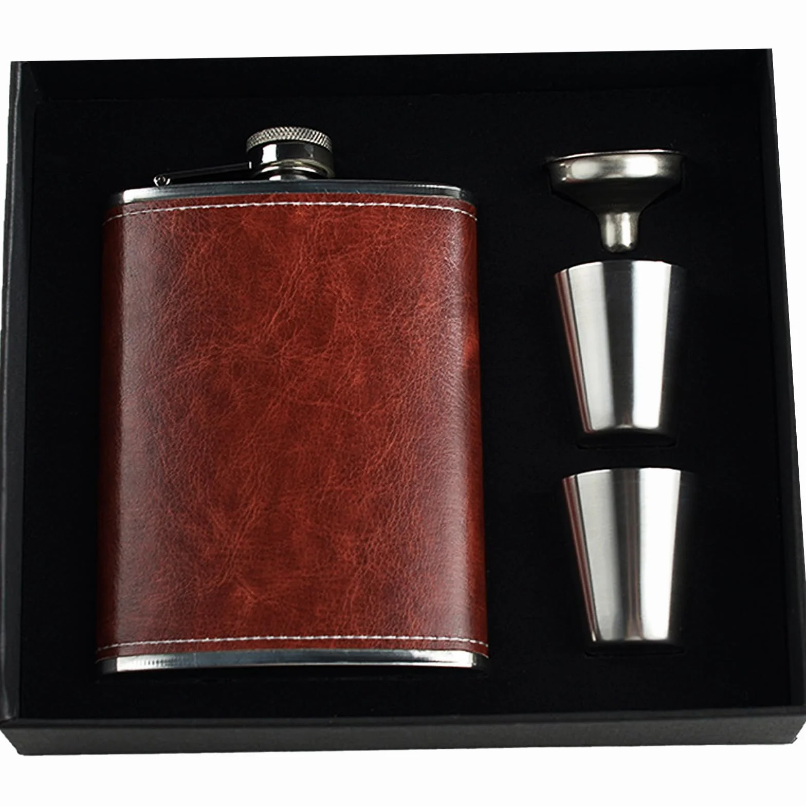 Fiaschetta in pelle per liquori da 236,8 ml, per uomo e donna, set regalo con fiaschetta e imbuto, a prova di perdite, in pelle sintetica marrone, perfetto per testimoni dello sposo, regalo