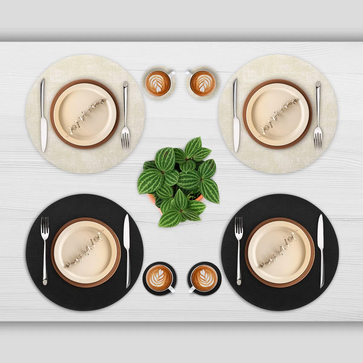 Myir JUN Tovagliette Americane e Sottobicchieri Set di 6, Tovagliette Rotonde 36 cm Tovagliette Colazione Plastica in Pelle Tovaglietta Americana Impermeabile Lavabili (Crema Nero, Set di 6)
