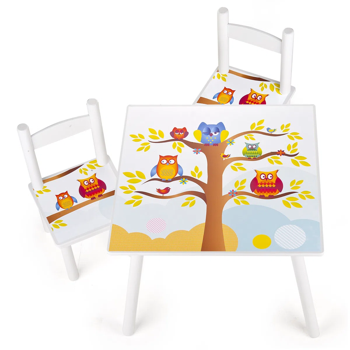 Leomark tavolo e 2 sedie in legno, tavolino set da cameretta per bambini, gioco di gruppo in classe, mobili per bambini, stanza dei bambini mobili alta qualità stabile, tema: GUFI